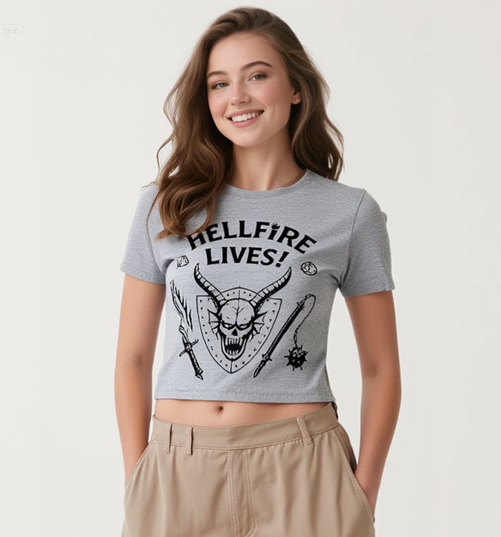 CAMISETA CROPPED STRANGER THINGS HELLFIRE LIVES