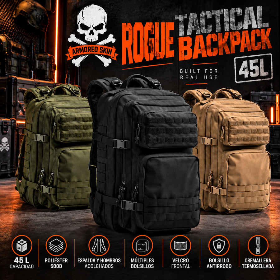 ARMORED SKIN ROGUE 45L mochila táctica 45 litros en negro, verde oscuro y arena