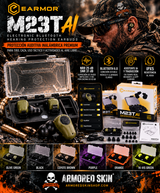 Banner promocional EARMOR M23T AI con estética táctica ARMORED SKIN