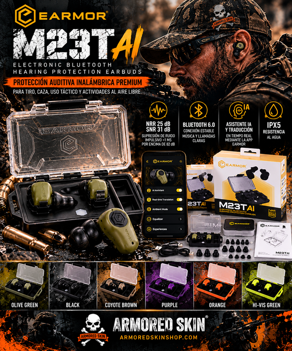 Banner promocional EARMOR M23T AI con estética táctica ARMORED SKIN