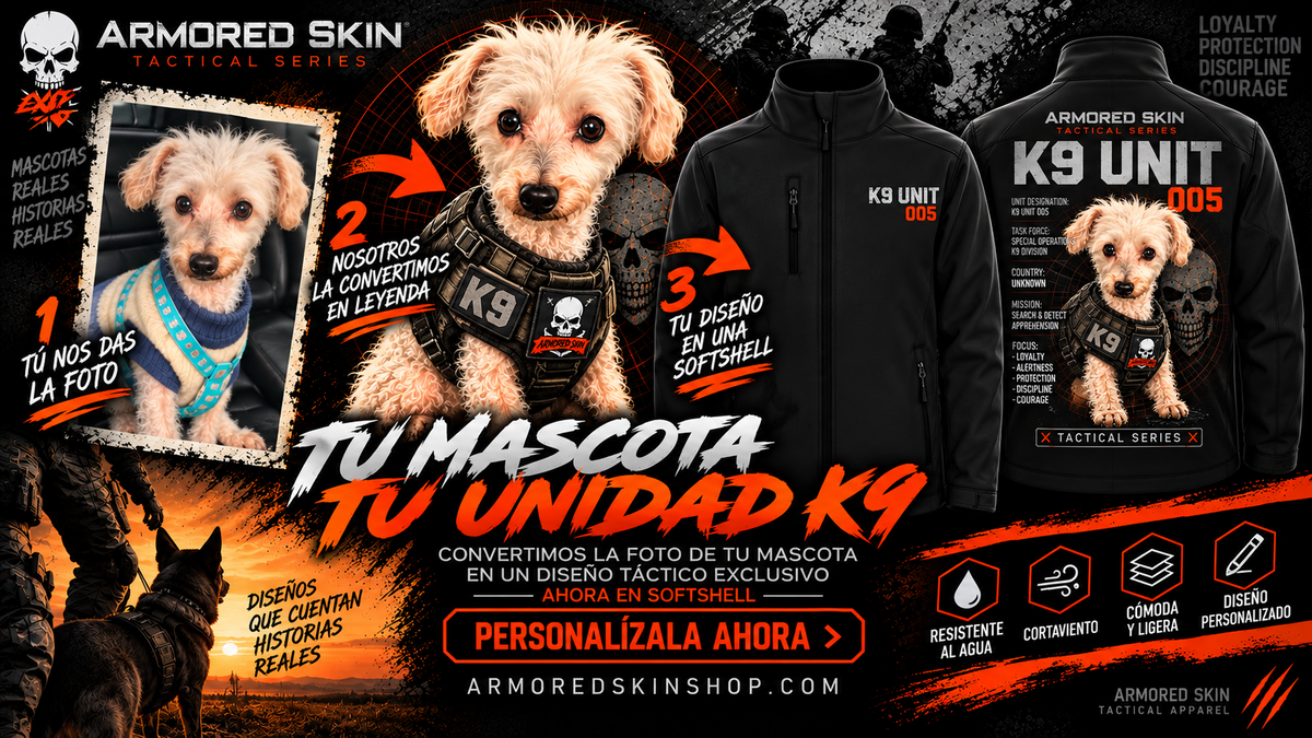 Chaqueta softshell negra K9 personalizada ARMORED SKIN, vista frontal y trasera