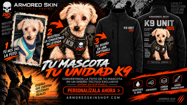 Chaqueta softshell negra K9 personalizada ARMORED SKIN, vista frontal y trasera