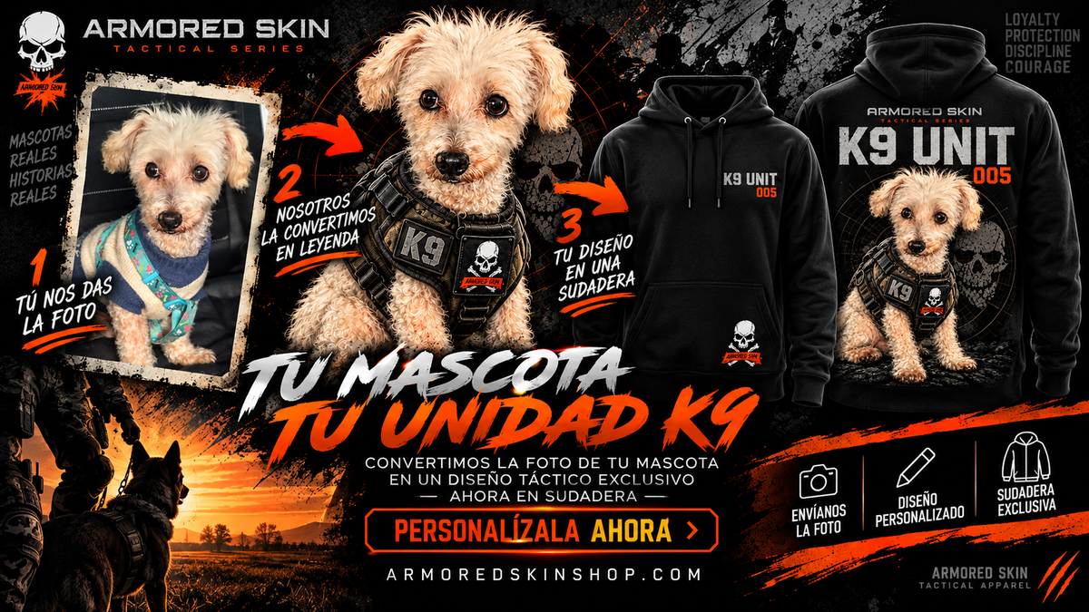 Sudadera negra con capucha K9 personalizada ARMORED SKIN, vista frontal y trasera
