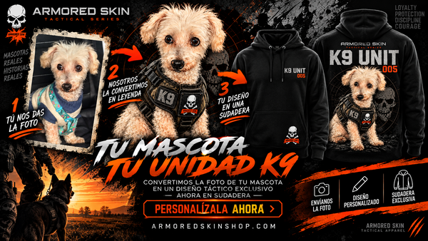 Sudadera negra con capucha K9 personalizada ARMORED SKIN, vista frontal y trasera