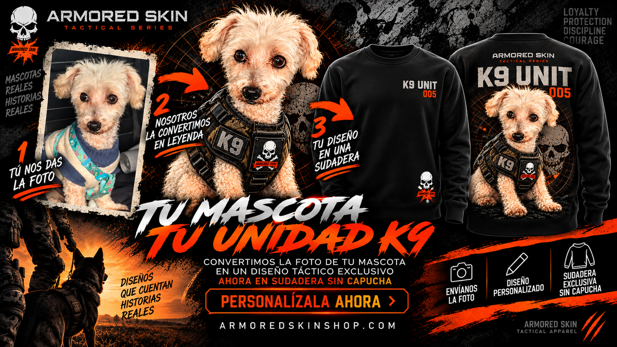 Sudadera negra sin capucha K9 personalizada ARMORED SKIN, vista frontal y trasera