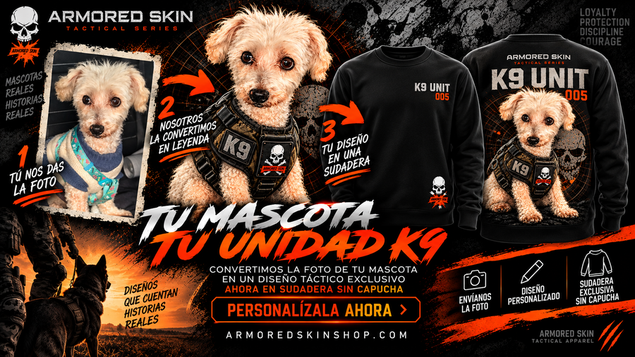Sudadera negra sin capucha K9 personalizada ARMORED SKIN, vista frontal y trasera
