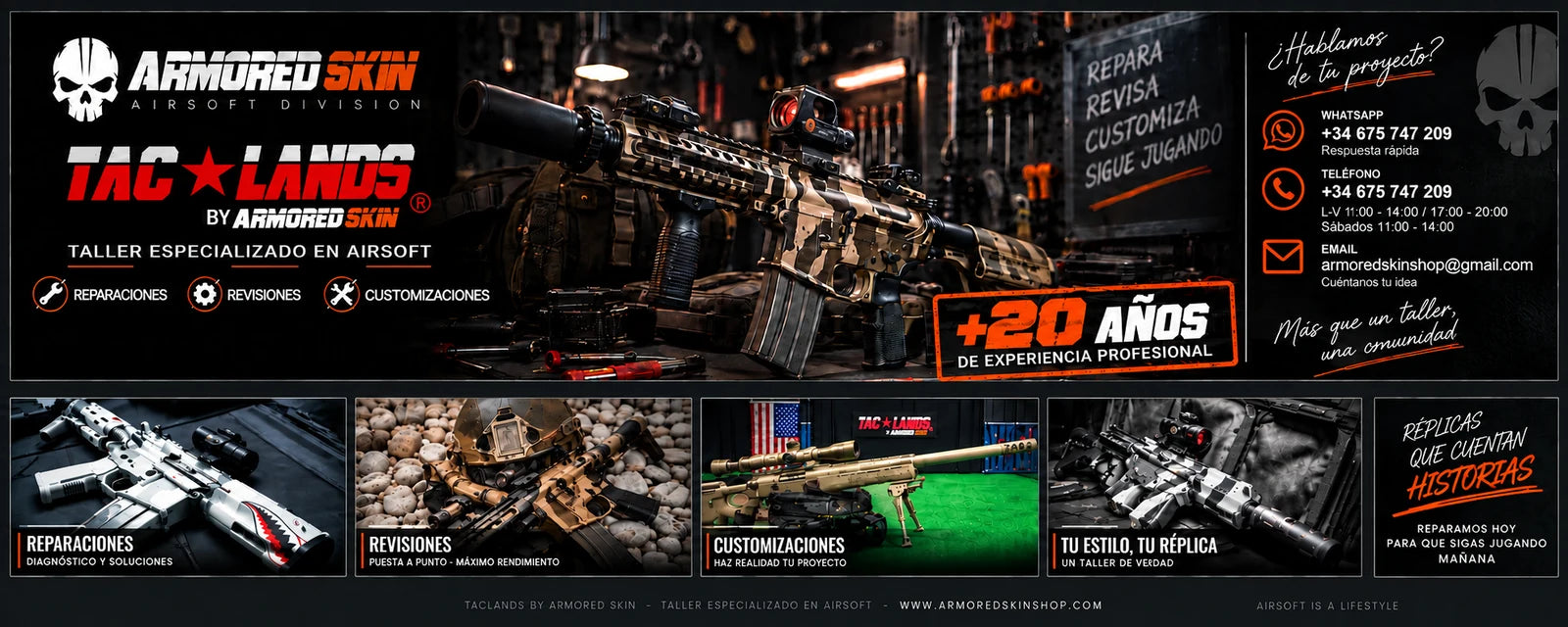TACLANDS by ARMORED SKIN, taller especializado en airsoft: reparaciones, revisiones y customizaciones, con más de 20 años de experiencia profesional.